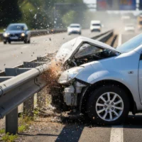 a-silver-car-crashes-into-a-highway-guardrail